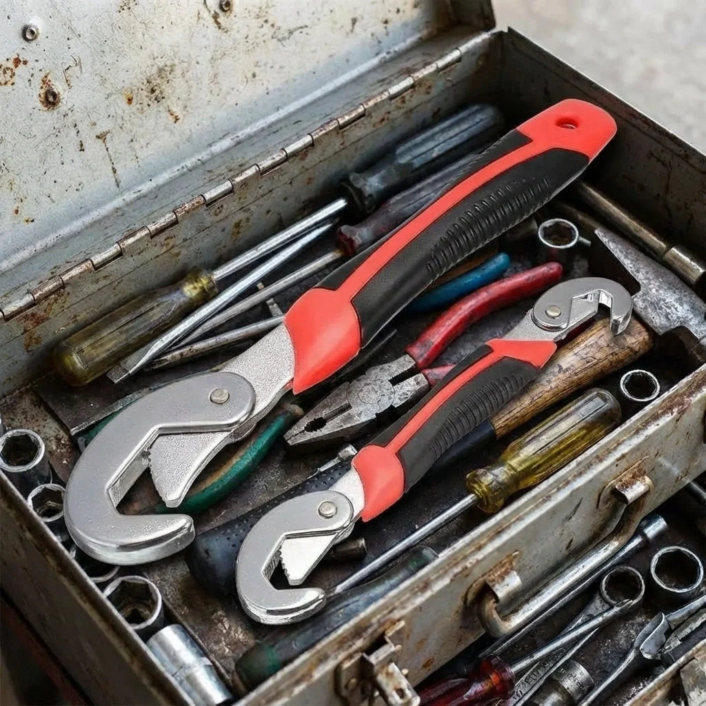 Red-and-black adjustable wrenches with quick-snap jaws in a metal tool case.
