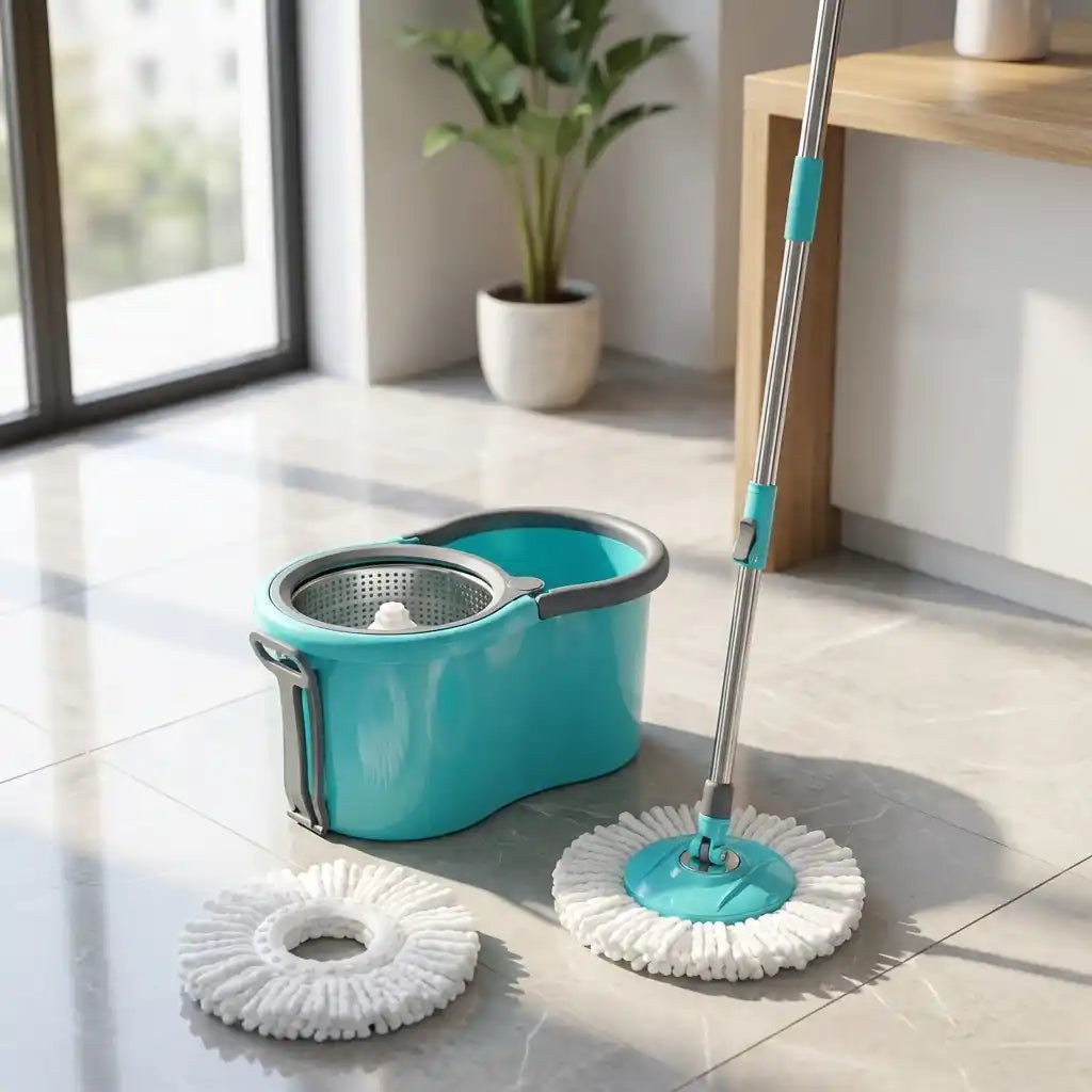 Teal mop bucket with strainer basket, two white microfiber pads, and upright handle