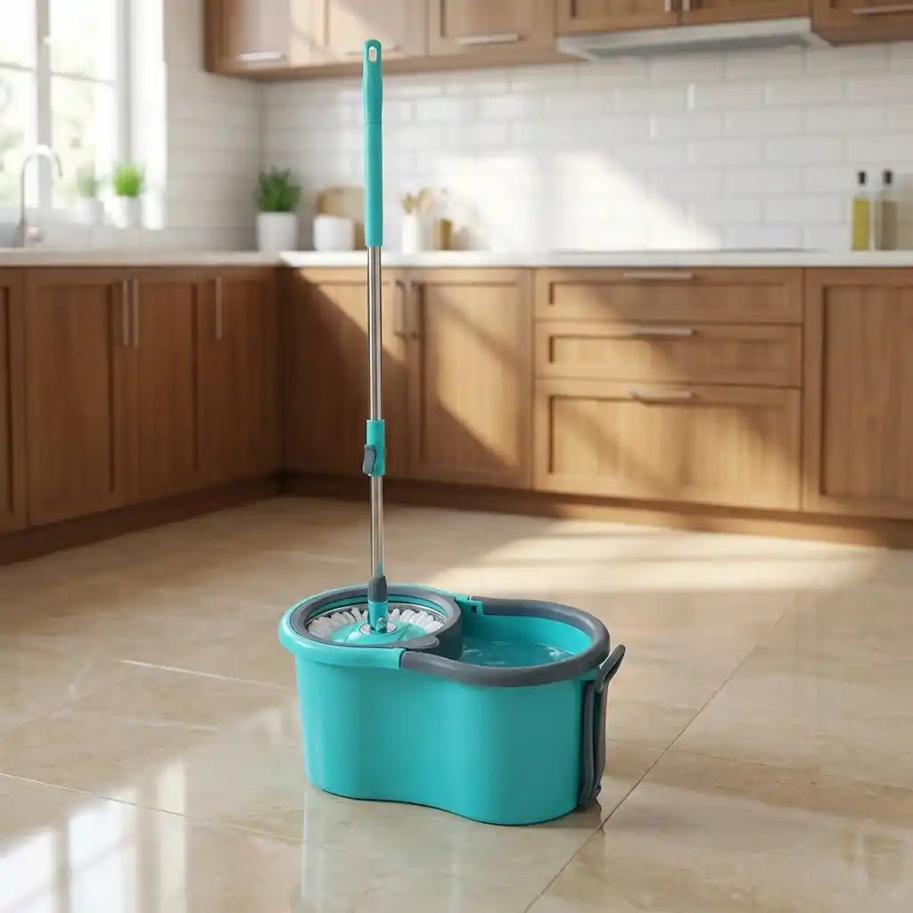 Teal spin mop bucket on tile floor with white mop head attached to the handle