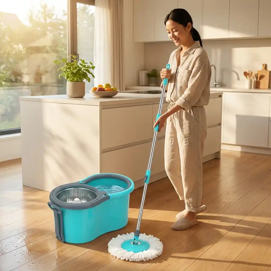 Quick spin mop with teal bucket and white microfiber mop head, upright on the floor