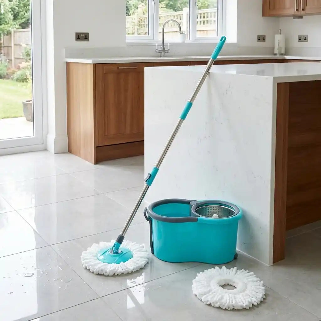 Teal mop bucket beside kitchen counter with white microfiber mop pads and long handle