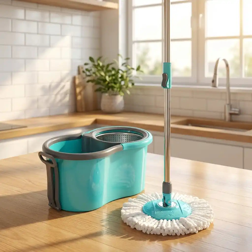 Teal spin mop bucket with stainless handle and white microfiber round mop pad