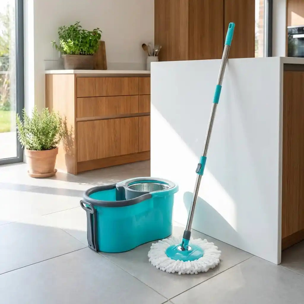 Teal mop bucket with white microfiber pad and upright stainless handle near cabinet wall