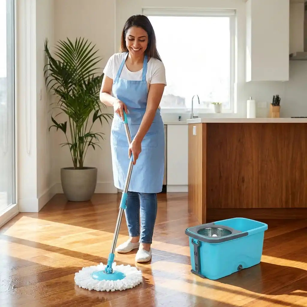 Quick Spin mop and blue bucket with wringer basket, white mop head on hardwood