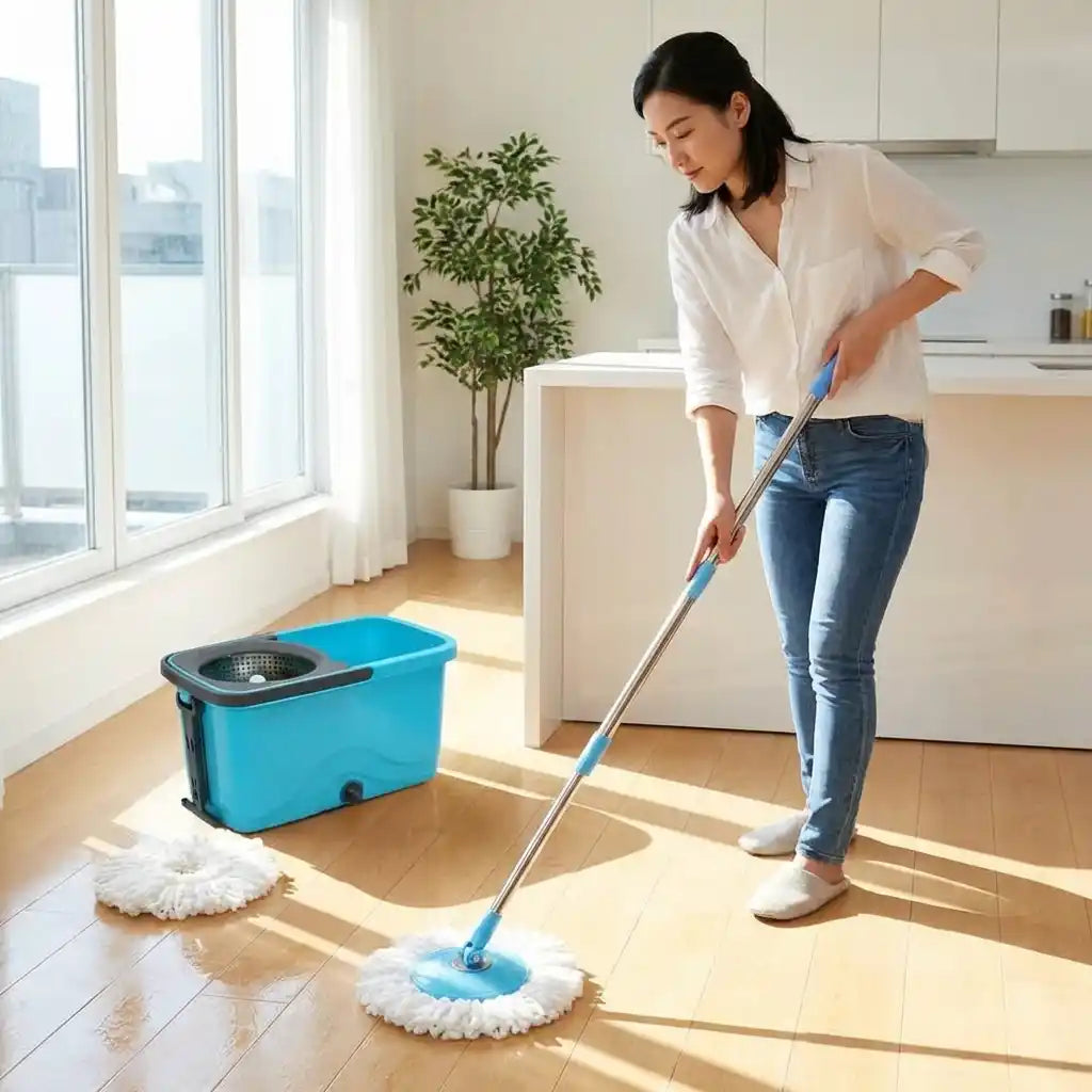 Quick Spin mop kit with blue bucket and wringer basket, white mop pad attached