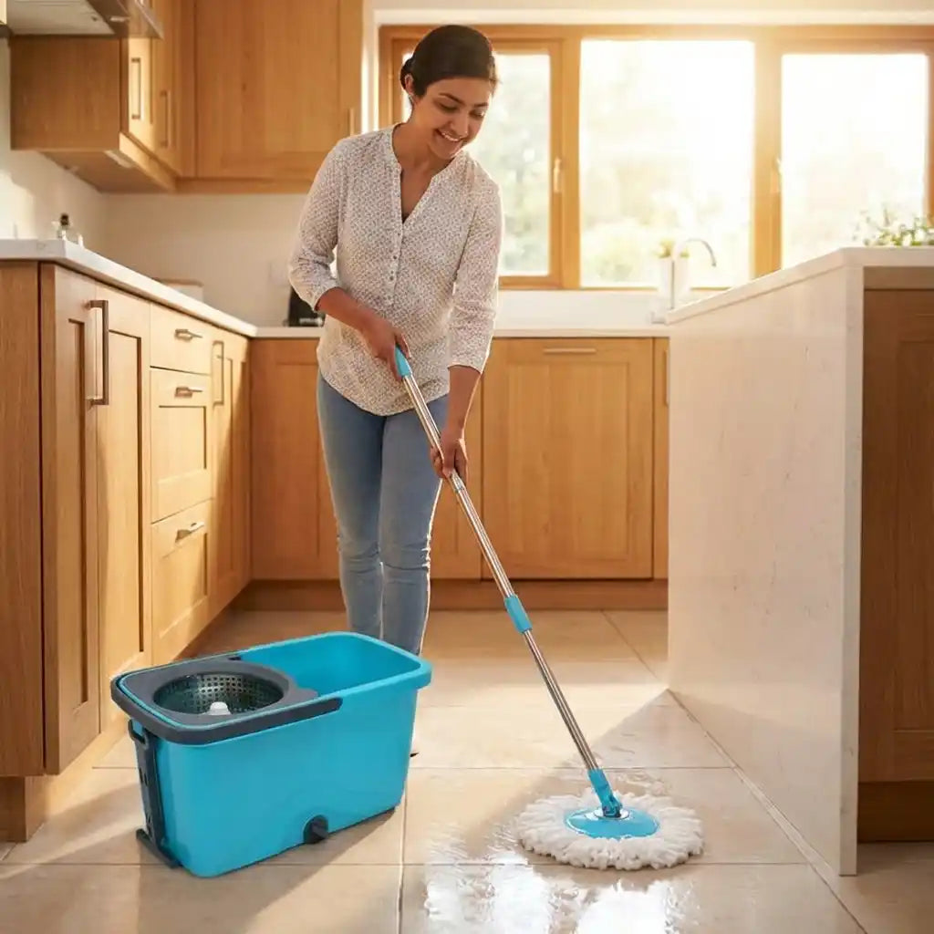 Quick Spin mop and blue spin bucket with wringer, white microfiber mop head