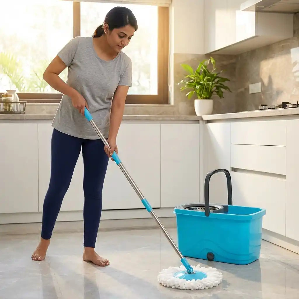 Quick Spin mop with blue bucket and wringer basket, pushing mop on floor
