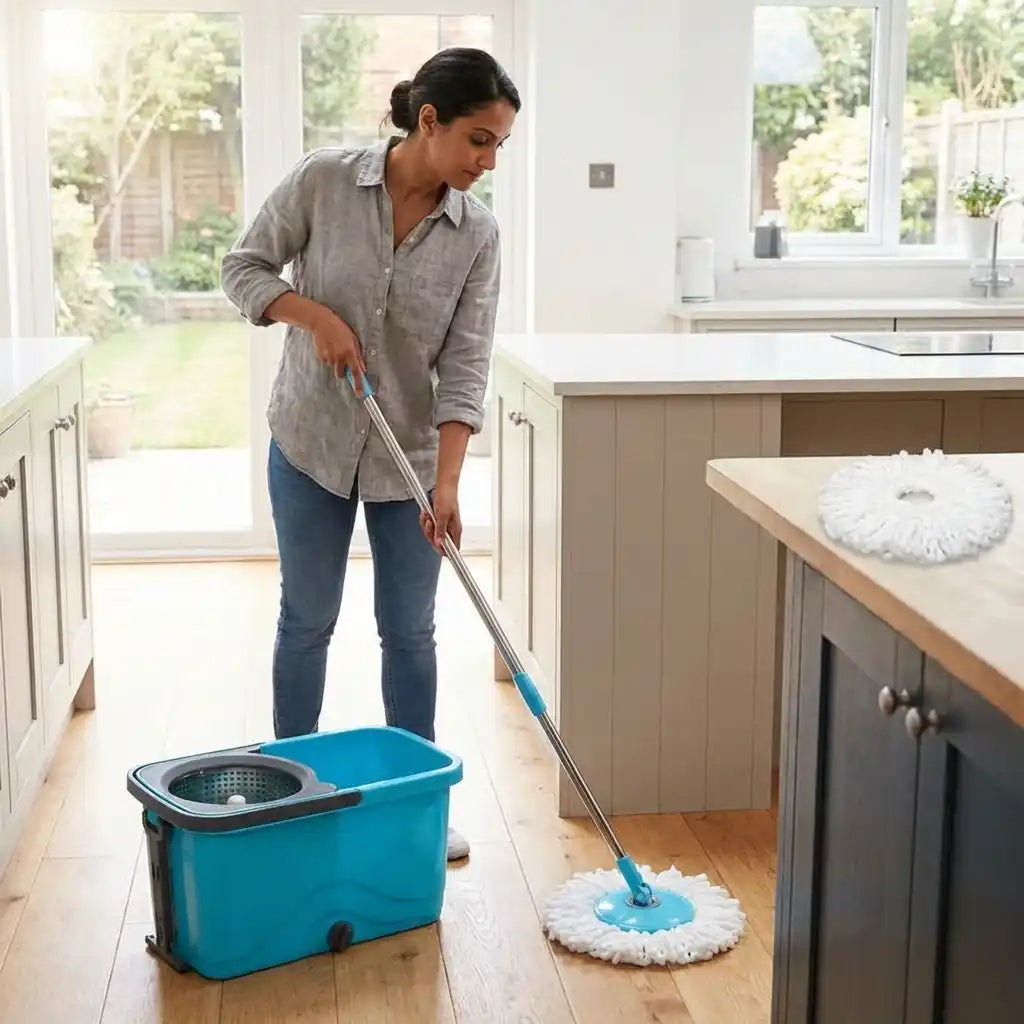Quick Spin mop with blue spin bucket and wringer basket, using white mop head