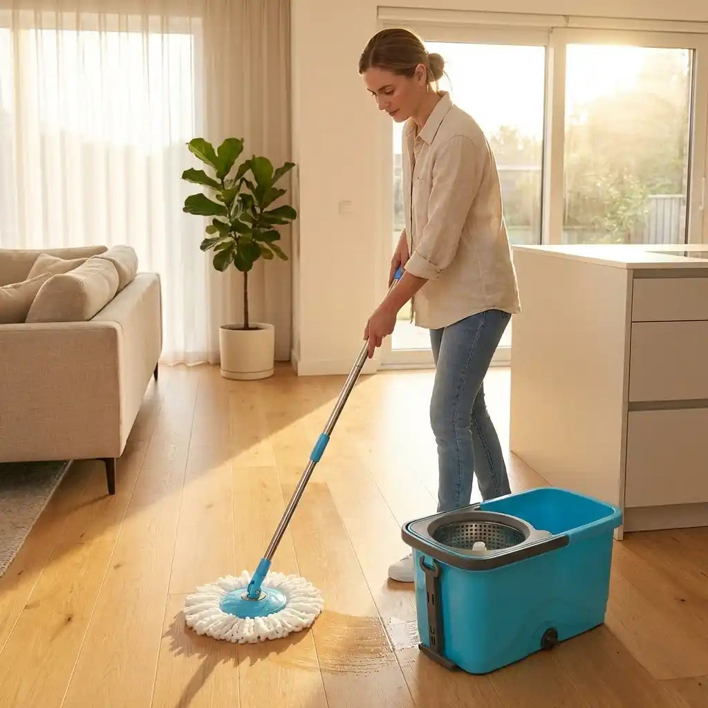 Quick Spin mop and blue spin bucket with wringer basket, cleaning with white head