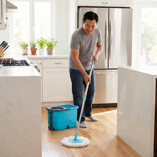 Quick Spin mop and bucket set with blue bucket, wringer basket, and white mop head