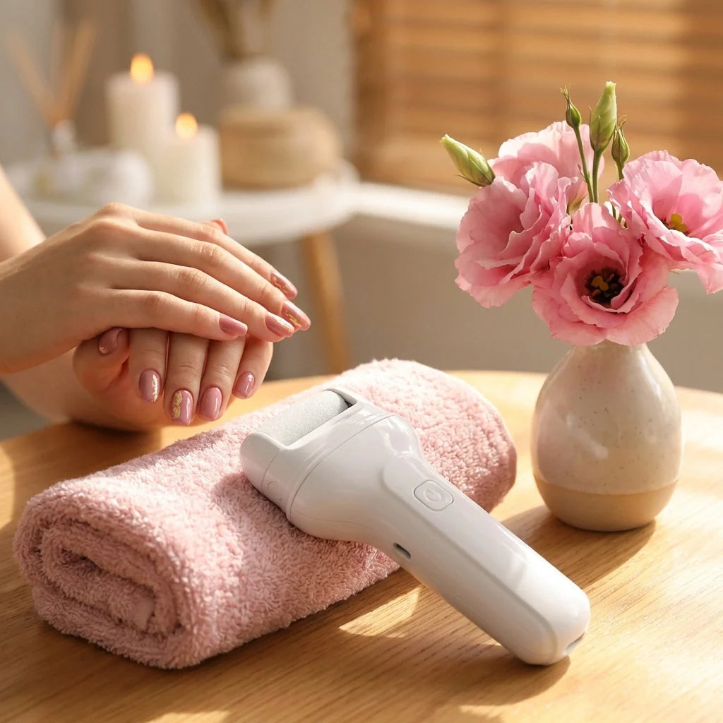 Rechargeable foot callus remover on pink towel, handheld with rounded head.