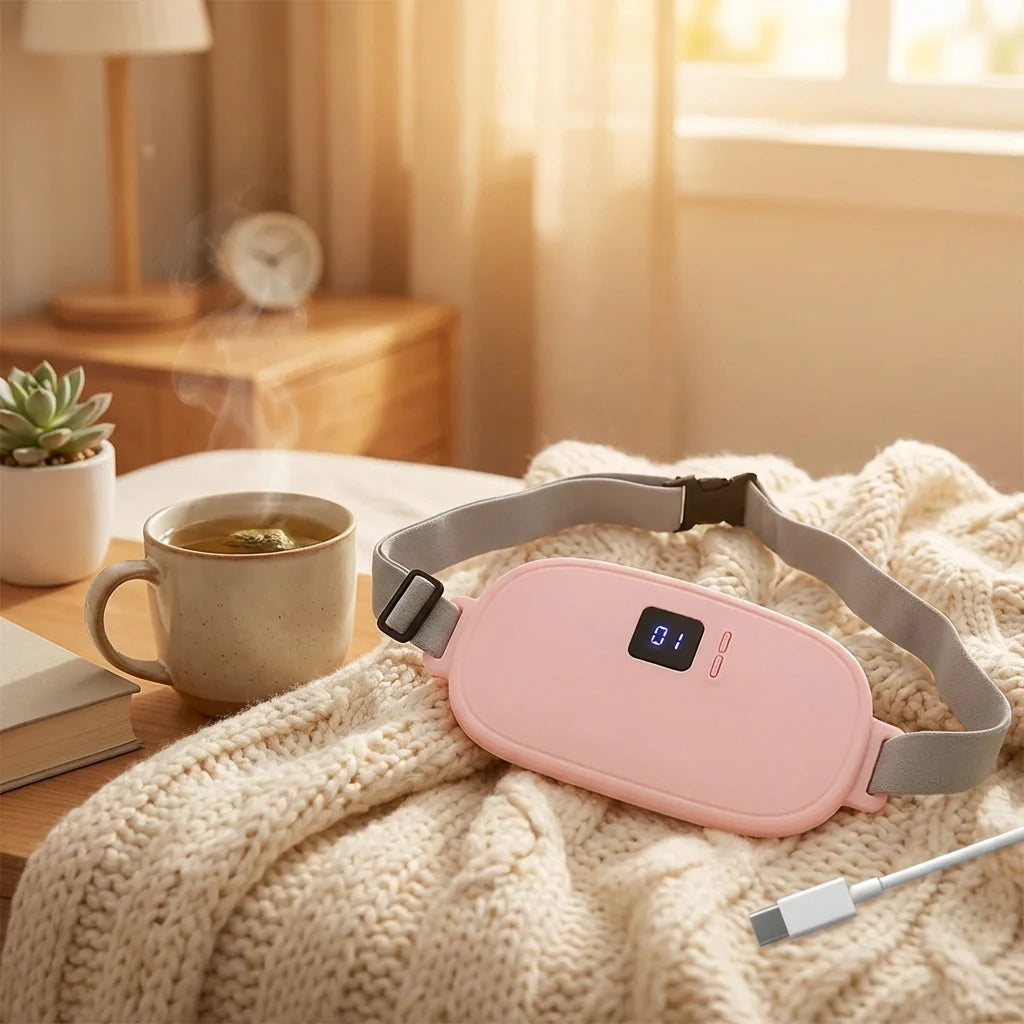 Rechargeable menstrual heating belt with pink controller and gray strap, USB charging cable
