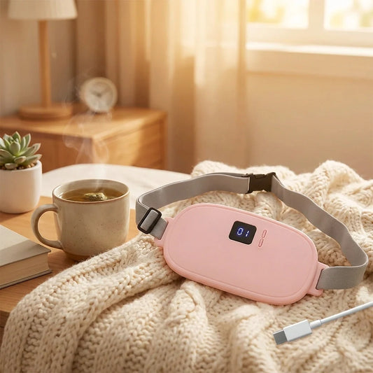 Rechargeable menstrual heating belt with pink controller and gray strap, USB charging cable