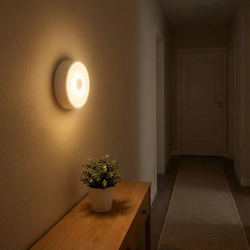 Circular wall-mounted night light with warm glow beside wooden table