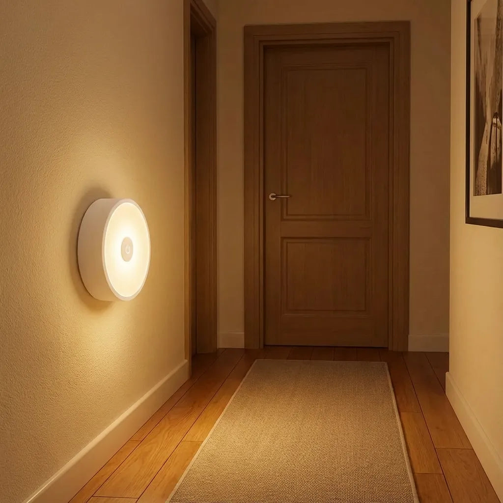 Circular wall-mounted night light glowing warm on hallway wall