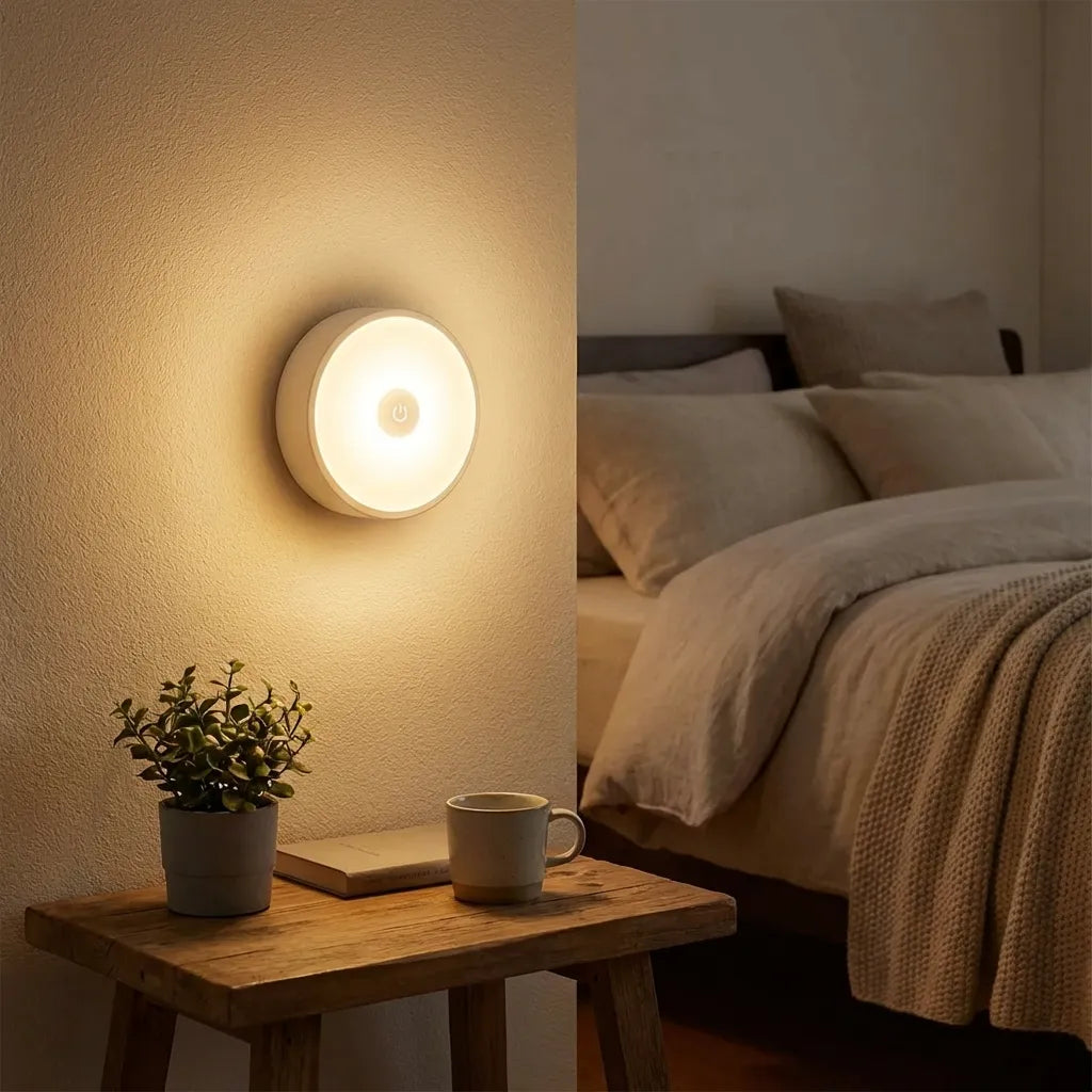 Circular wall-mounted rechargeable motion sensor night light with warm glow