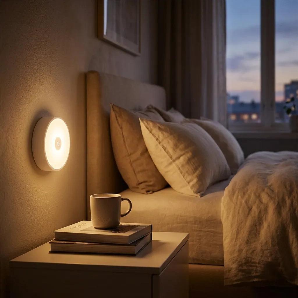 Circular wall-mounted night light with warm glow next to sofa