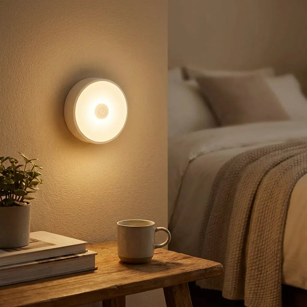Circular wall night light, warm illuminated face and sensor center