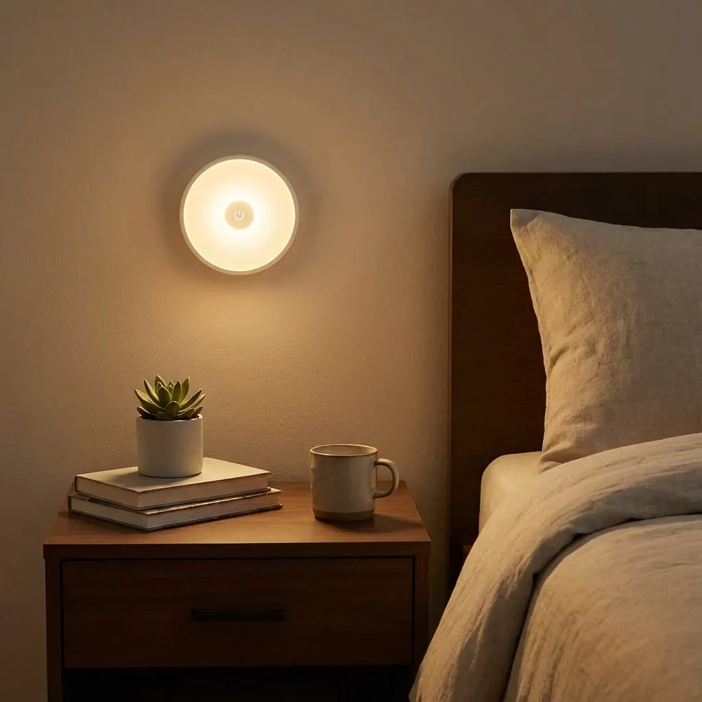Circular wall night light emitting warm light above bedside table