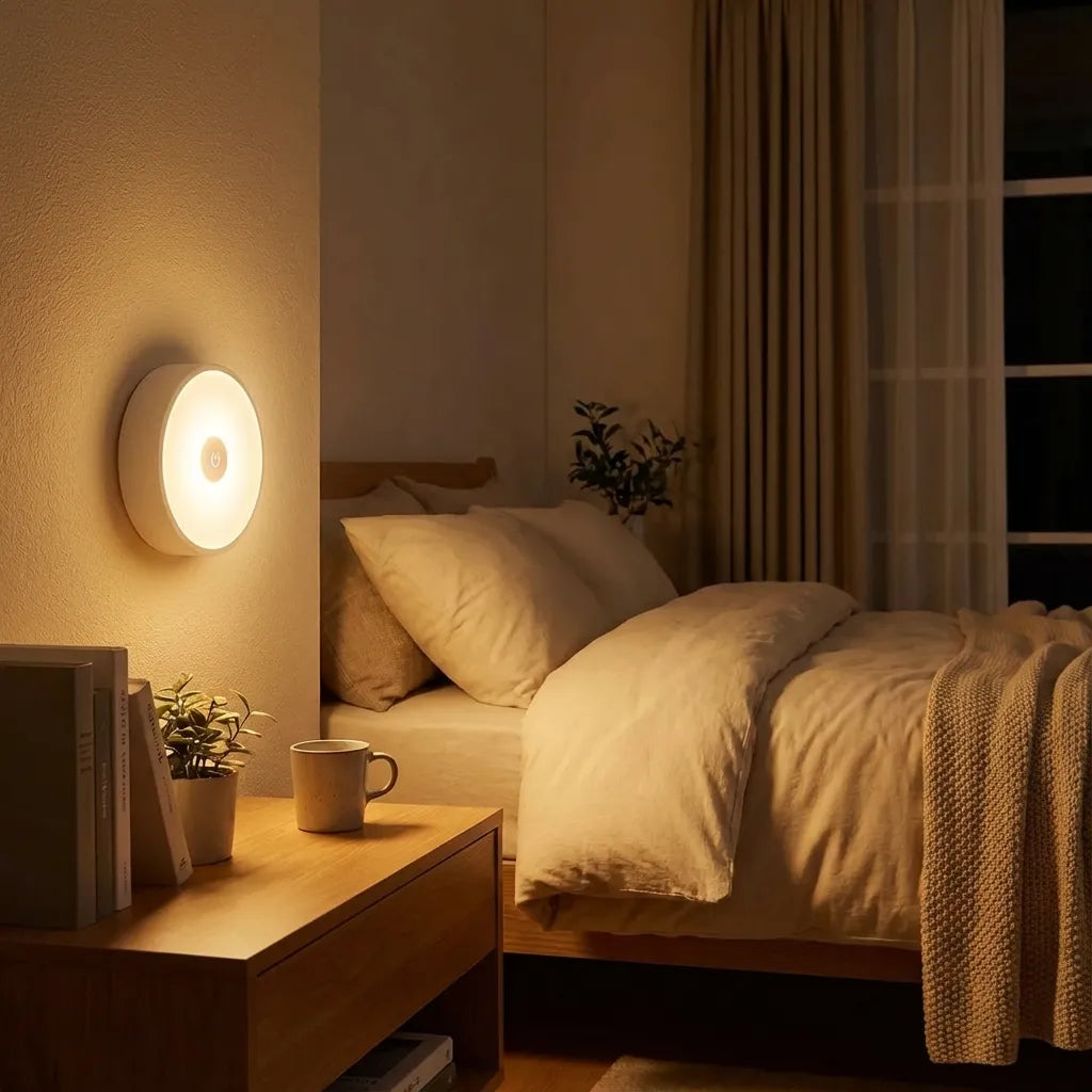 Circular wall-mounted night light casting warm glow on bedside wall