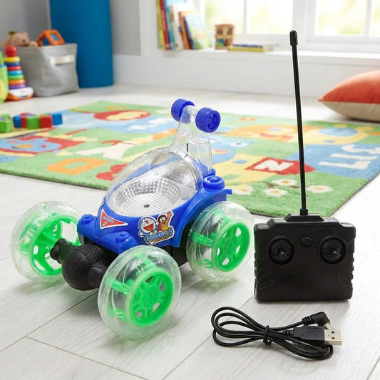 Rechargeable RC stunt car with antenna, green clear wheels, and black remote controller