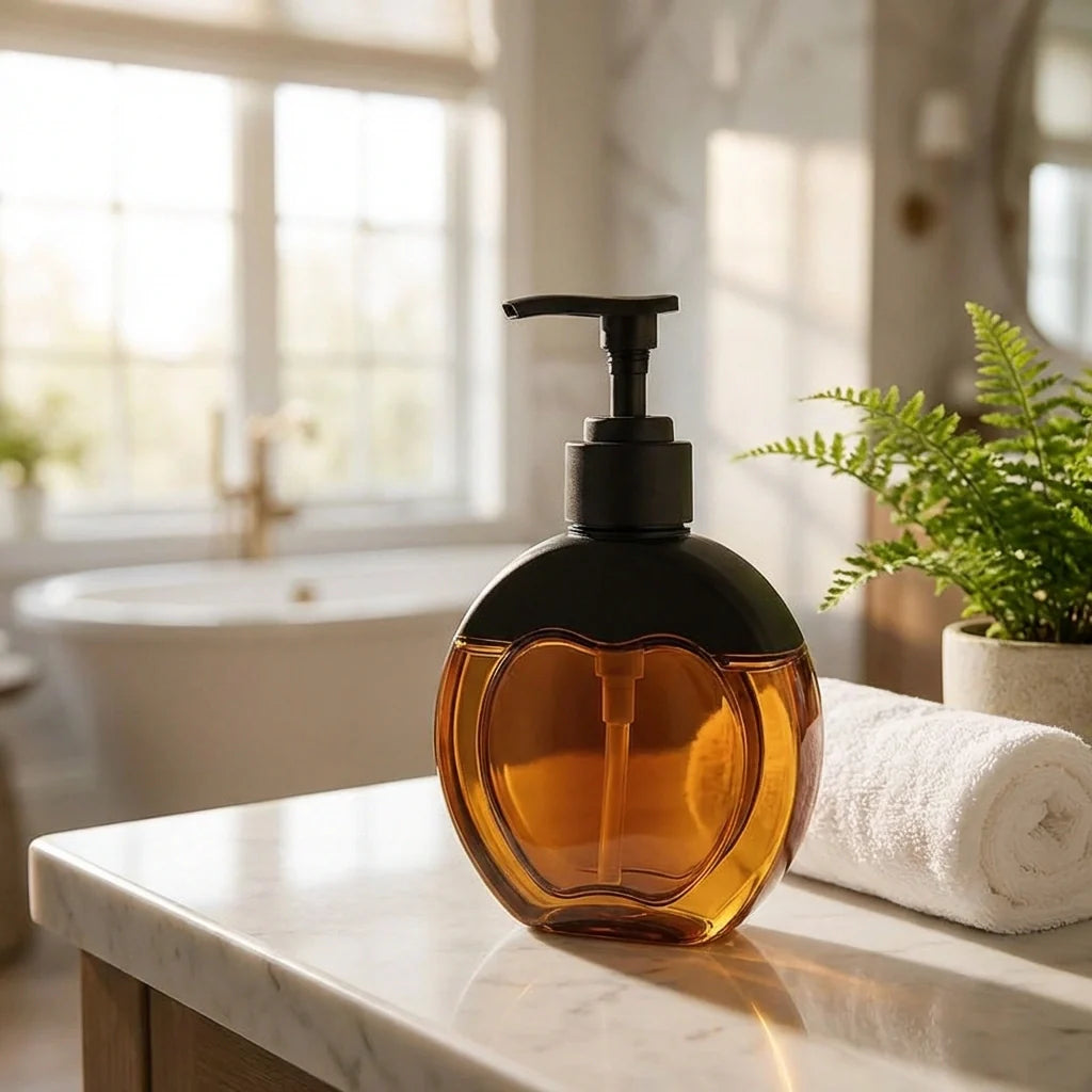 Amber refillable liquid soap dispenser with black pump, 350 ml capacity