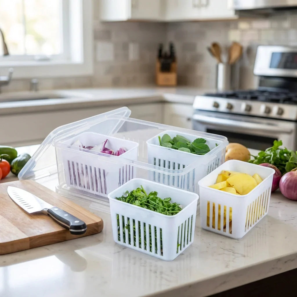 Refrigerator food box with white vented compartments, clear lid, holds fruits and greens