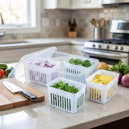Refrigerator food box with white vented compartments, clear lid, holds fruits and greens