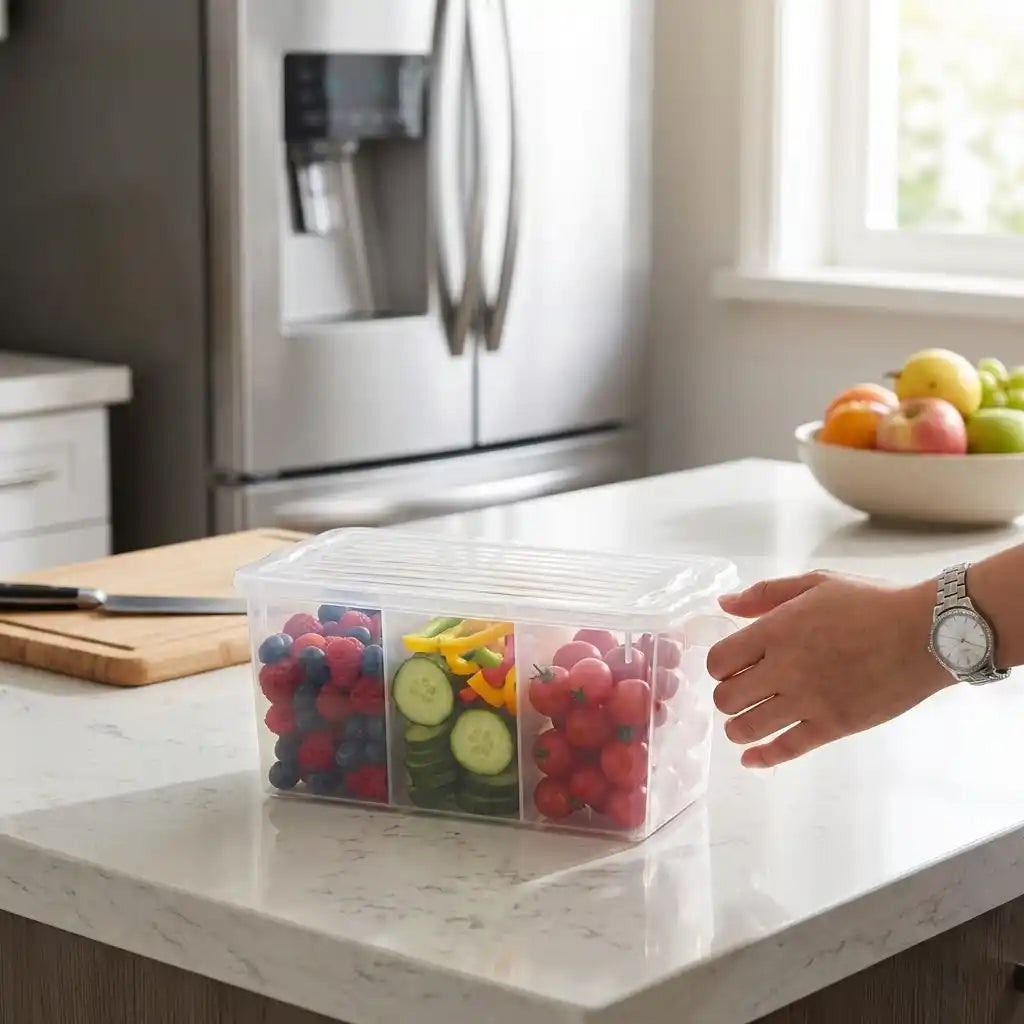 Clear refrigerator storage box with removable lid holding mixed fruit and vegetables.