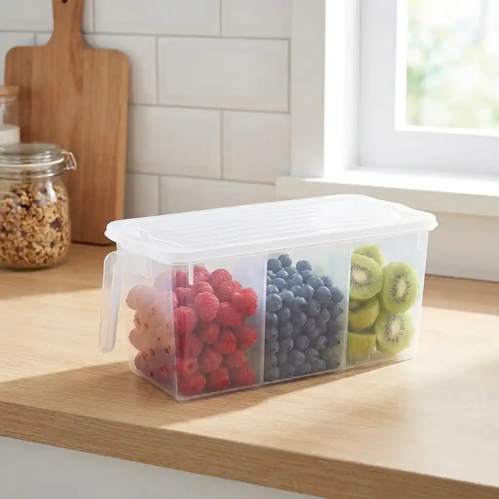 Clear plastic refrigerator organizer with lid, divided into sections for fruit.