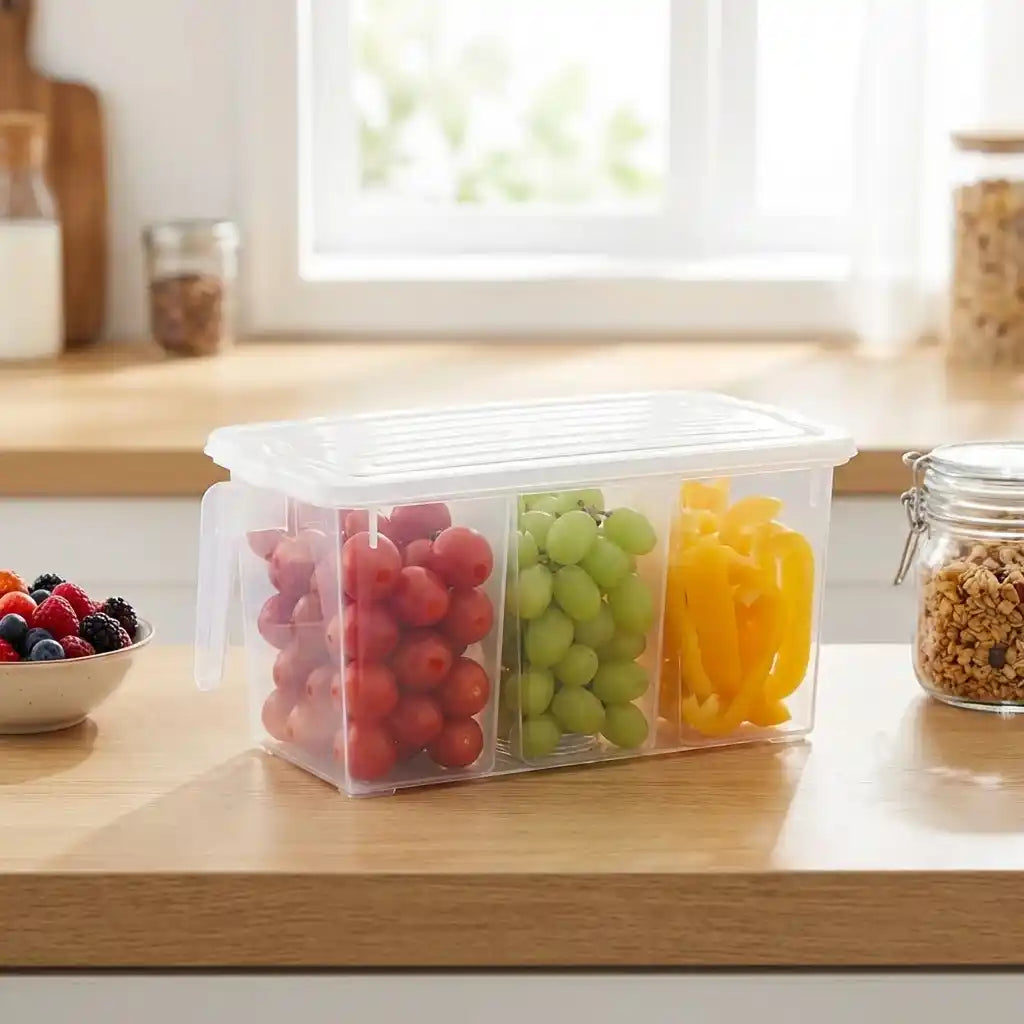 Clear storage container with lid holding fruit pieces in separate compartments.