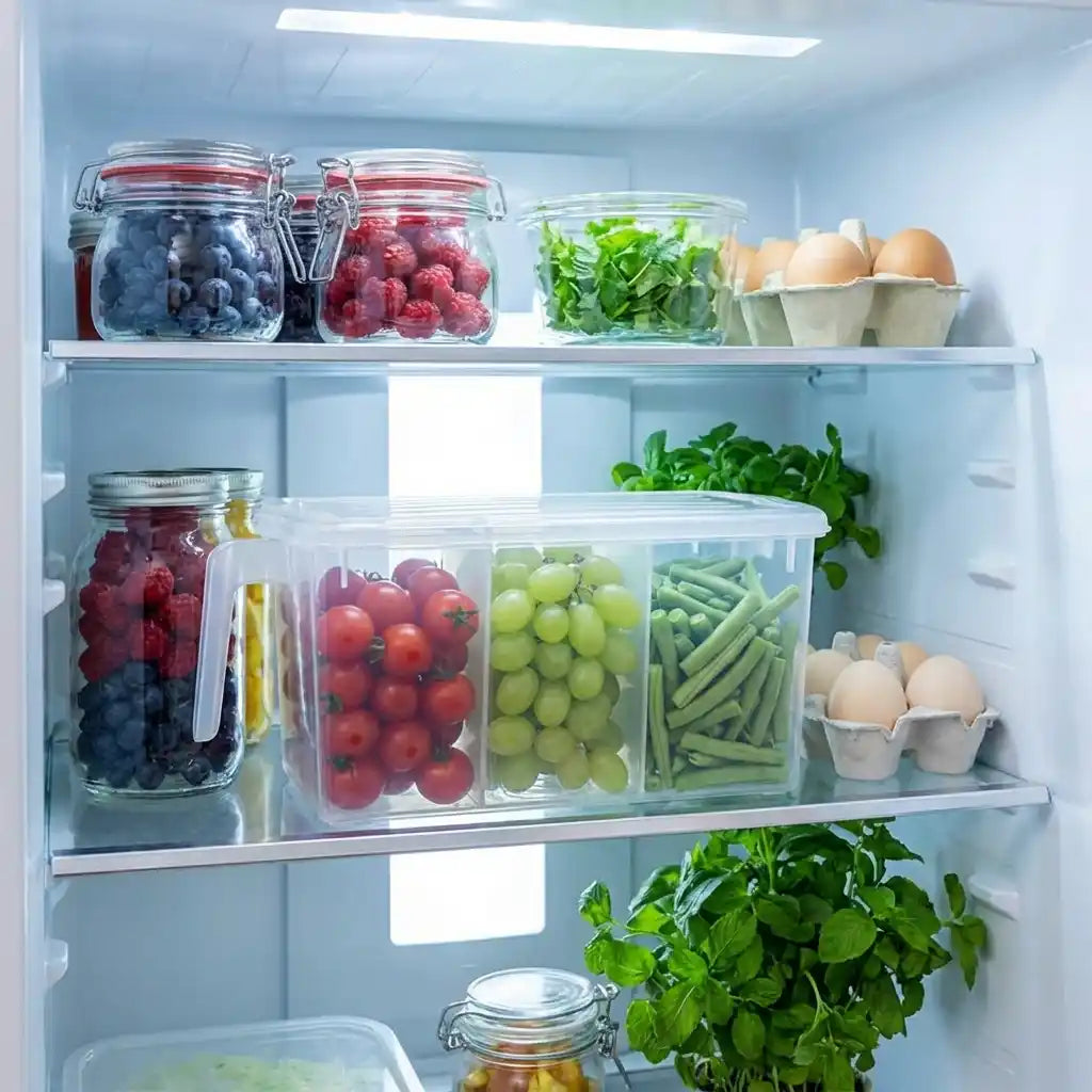 Set of clear produce storage boxes in a refrigerator shelf with fresh foods.