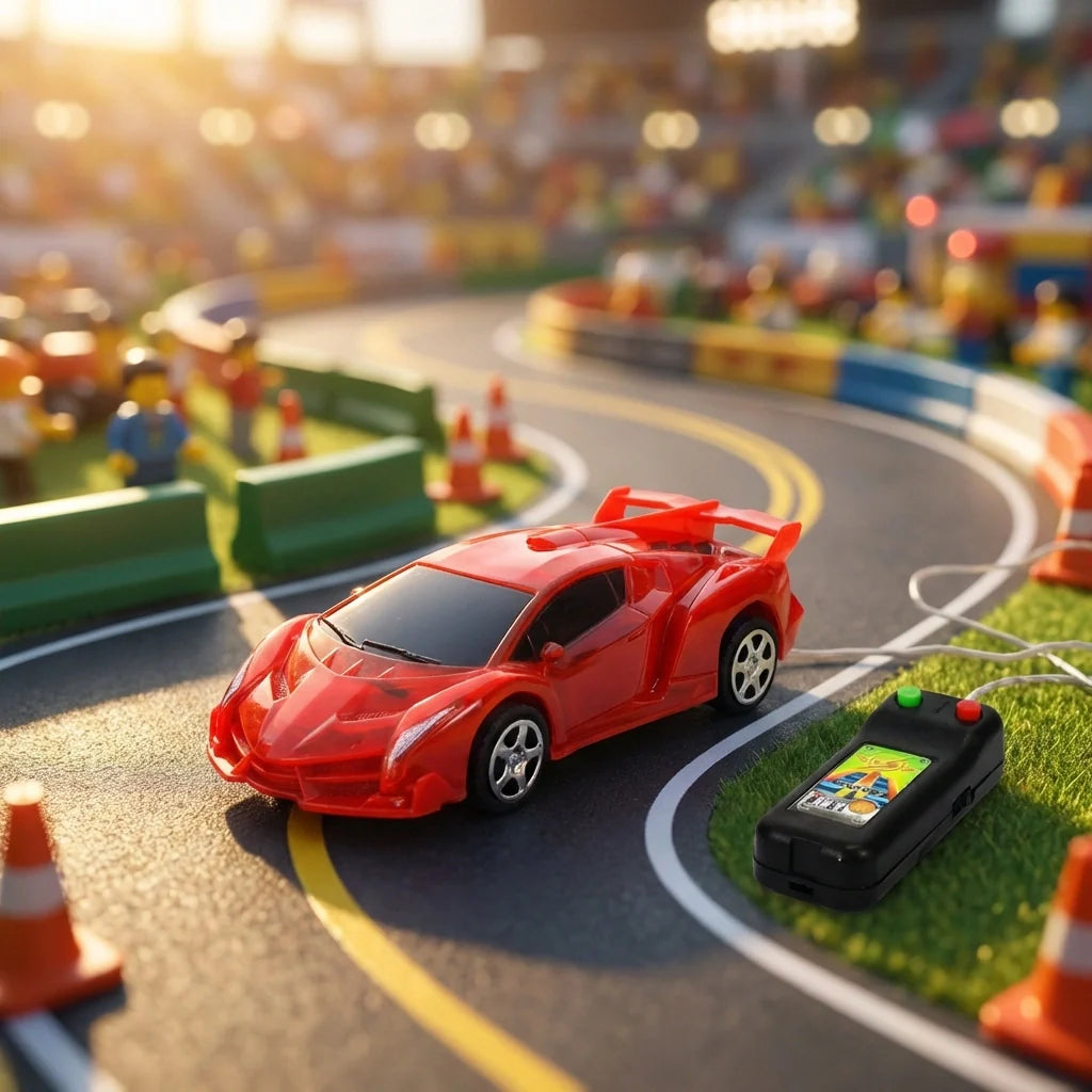 Red remote control sports car on track with handheld controller