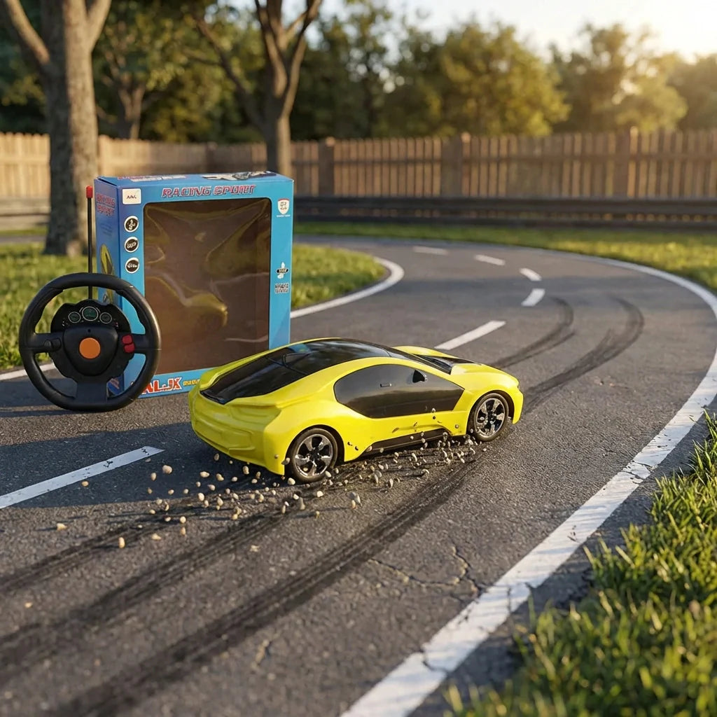 Yellow remote control racing car with steering-wheel controller and box packaging