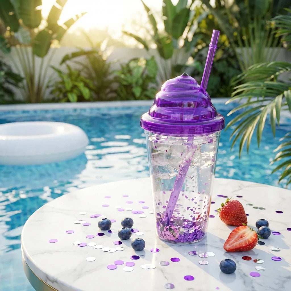 Reusable cold drink tumbler with purple lid and straw, clear cup with purple drink speckles