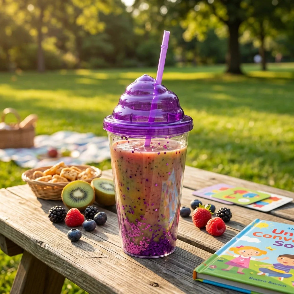 Reusable cold drink tumbler with purple lid and straw, clear cup with purple speckled smoothie