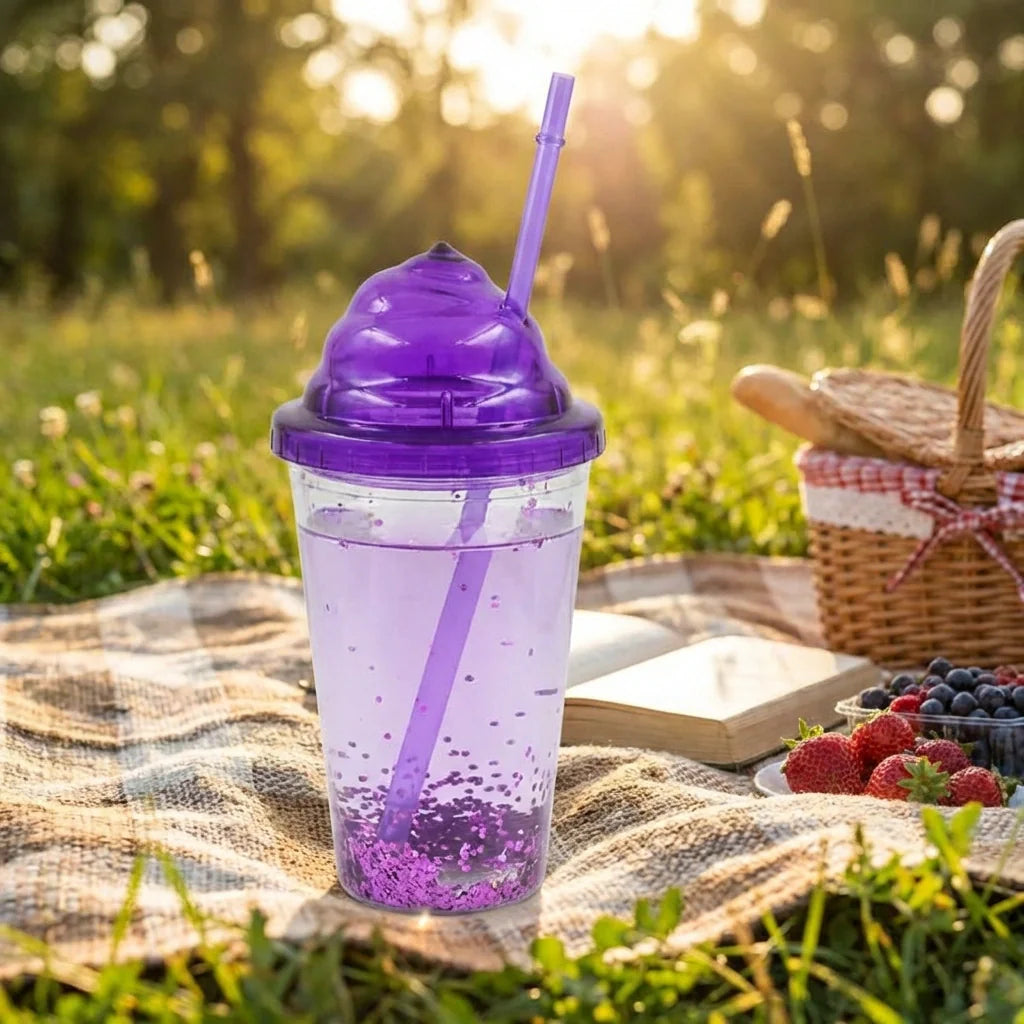 Reusable cold drink tumbler with purple lid and straw, clear cup with purple speckled liquid