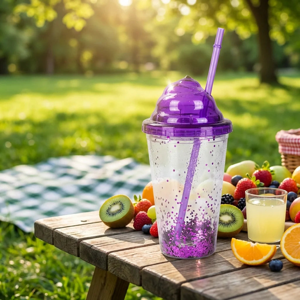 Reusable cold drink tumbler with purple lid and straw, clear cup with purple speckle base