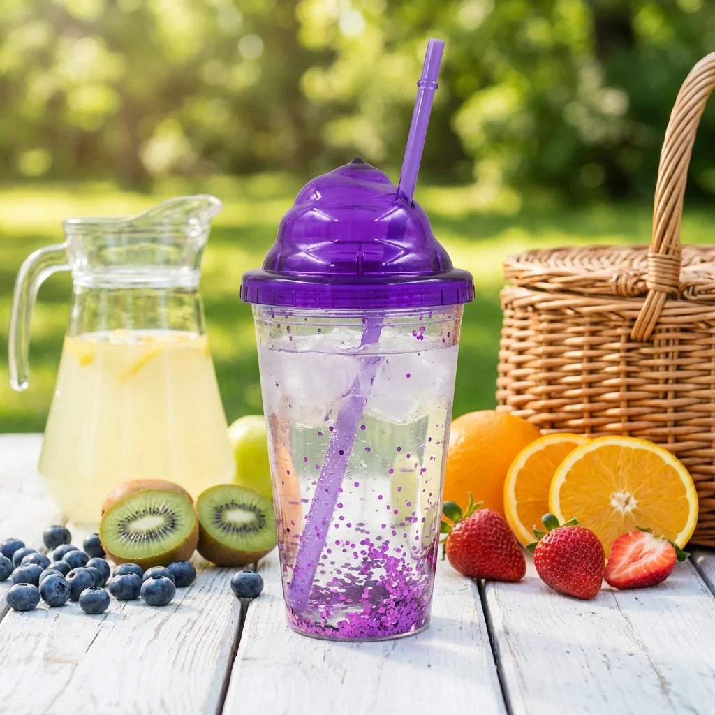 Reusable cold drink tumbler with purple lid and straw, clear cup with purple speckled beverage