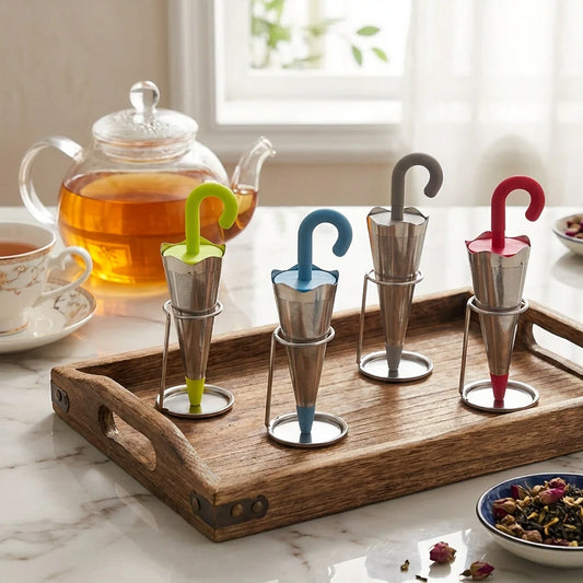 Umbrella tea strainers set with colored handles and metal stand