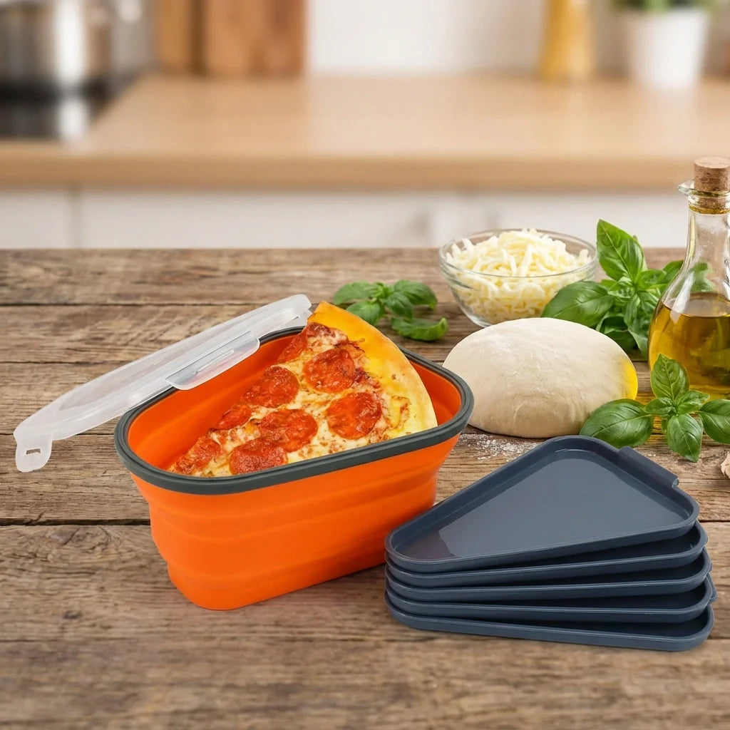 Orange reusable pizza container with clear lid and stackable dark base trays