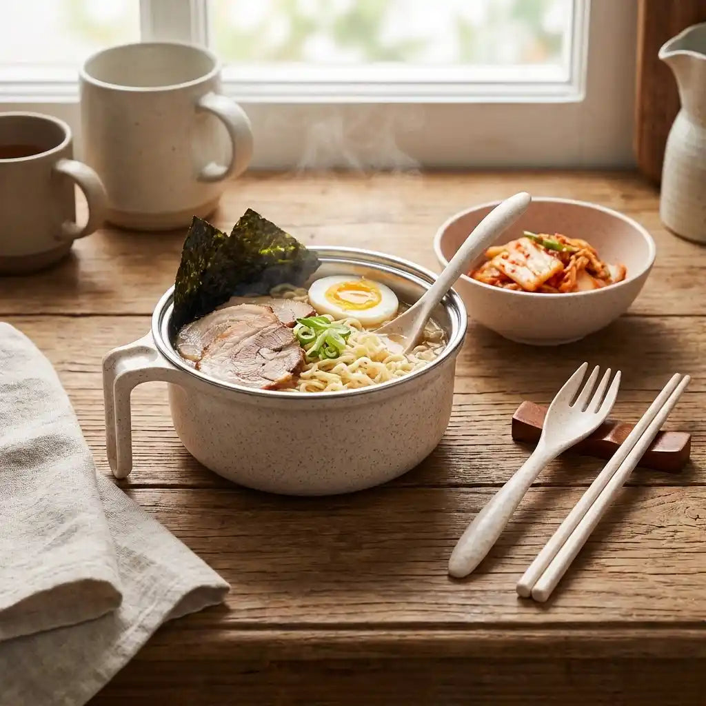 Rice and noodle bowl set with two handled speckled beige ceramic bowls and spoon