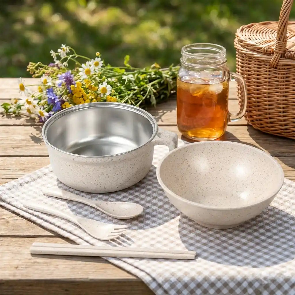 Speckled beige bowl set with two shallow bowls, metal insert, and utensils