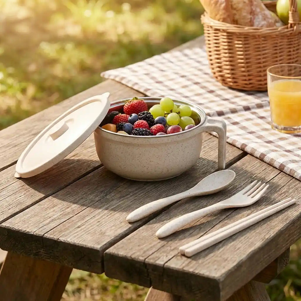 Handled speckled beige ceramic bowl with lid, spoon, and fork