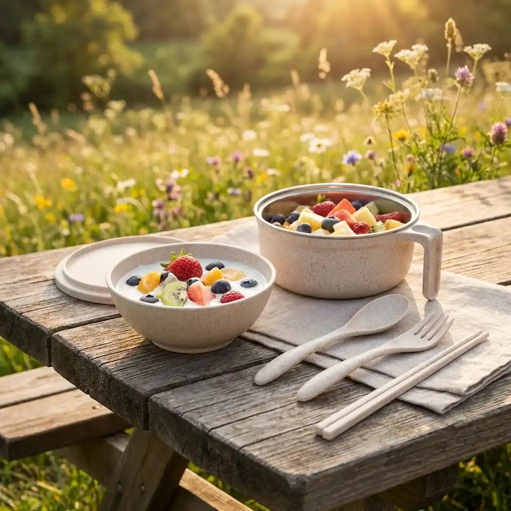 Handled speckled beige ceramic bowl set with two fruit bowls and serving spoon