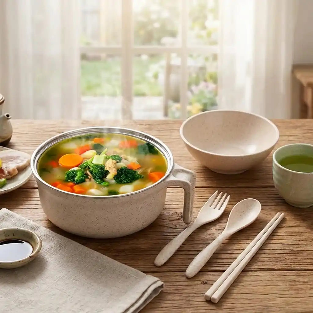 Handled speckled beige ceramic soup bowl with fork and spoon on table