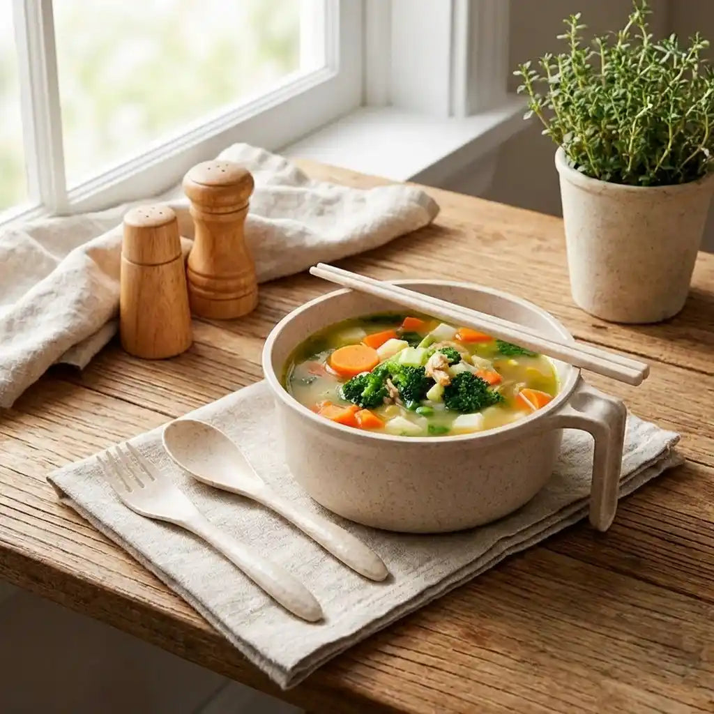 Speckled beige ceramic soup bowl with side handles, lid, and chopsticks on napkin
