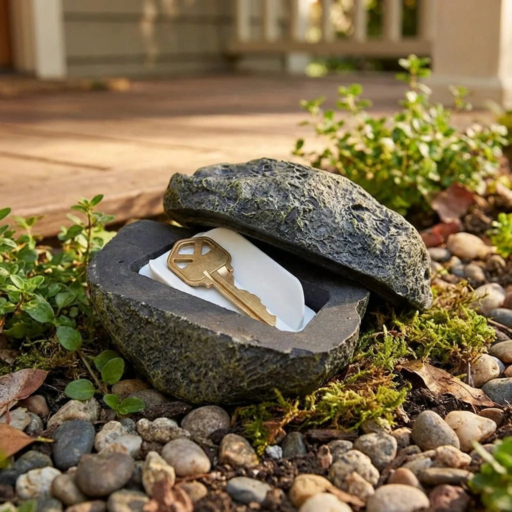 Rock-shaped key hider with a metal key in a carved stone tray