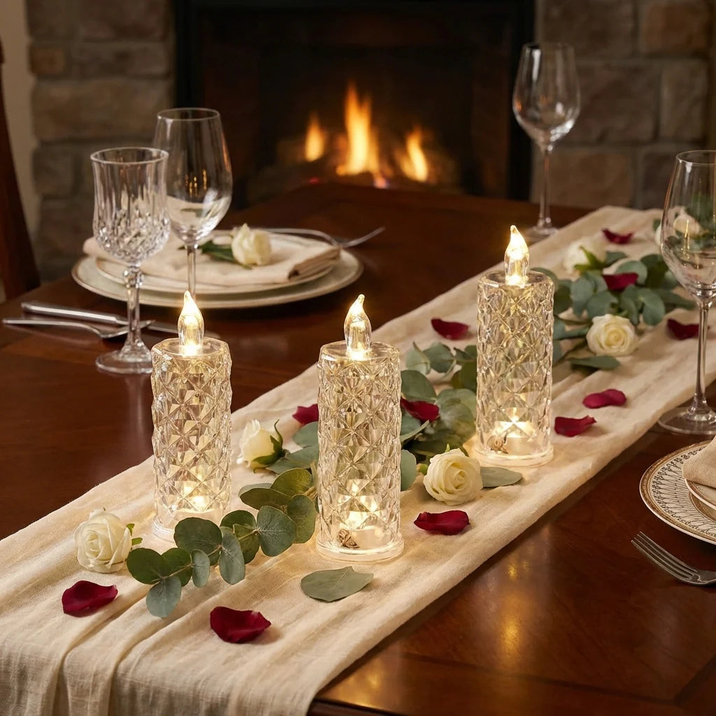 Crystal-textured LED candles in clear glass cylinder holders