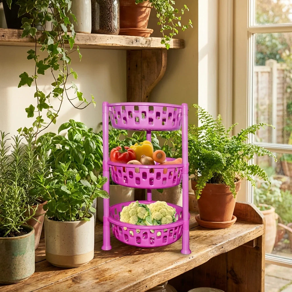 Purple 3-tier round plastic rack organizer with vented baskets, filled with produce.